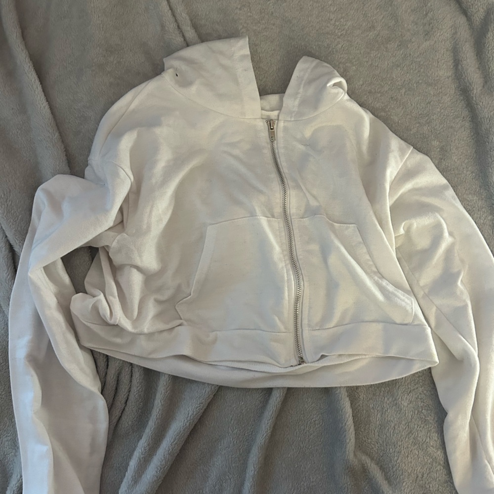 White cropped zip up hoodie